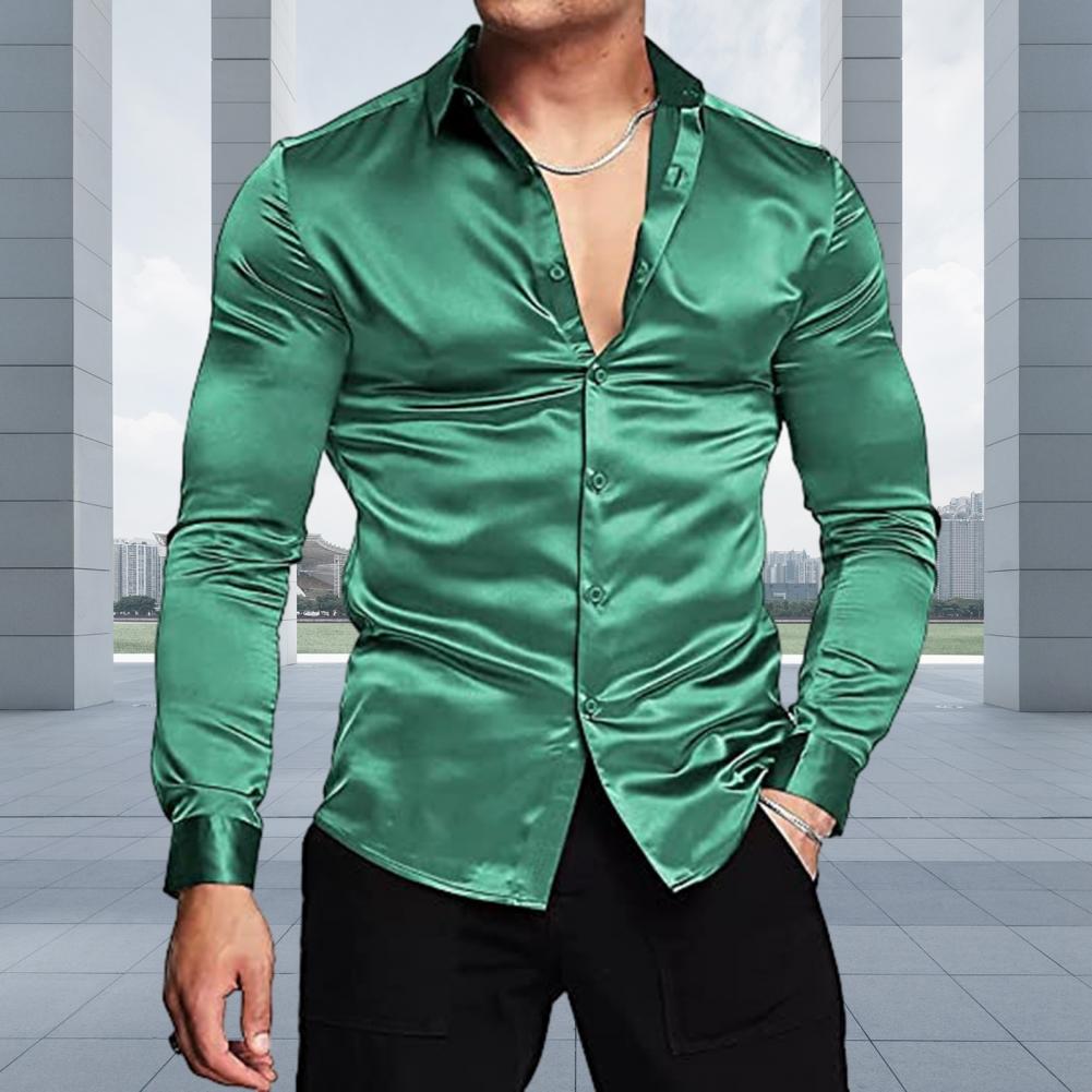 Stylish Men Shiny Silk Like Sa - огляд і ціна Mens Satin Silk Dress Shirt